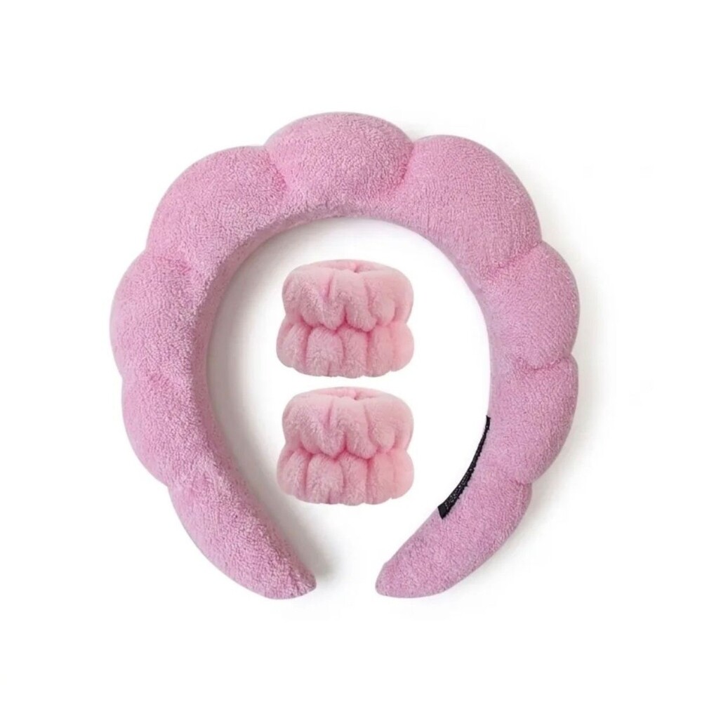 Pink Puffy Spa Headband & Wrist Wash Band Set Terry Cloth Skincare Makeup NEW